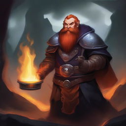 A warlock class dwarf with a fiery beard and a steel ring