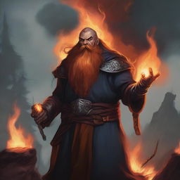 A warlock class dwarf with a fiery beard and a long, braided mustache hanging downwards