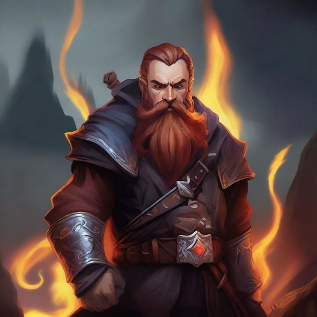 A warlock class dwarf with a fiery beard and a long, braided mustache hanging downwards