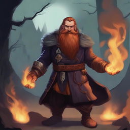 A warlock class dwarf with a fiery beard and a long, braided mustache hanging downwards