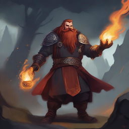 A warlock class dwarf with a fiery beard and a long, braided mustache hanging downwards