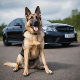 Amend the scene to show the German Shepherd with an even more ferocious and angry expression, whilst keeping the C63 AMG in the backdrop.