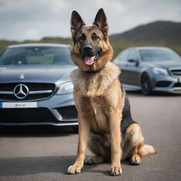 Amend the scene to show the German Shepherd with an even more ferocious and angry expression, whilst keeping the C63 AMG in the backdrop.