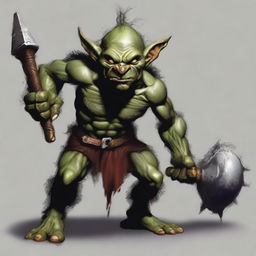 Create an image of a goblin larger than a troll, wielding a warhammer