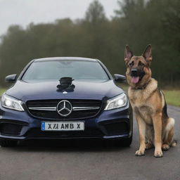 Amend the scene to show the German Shepherd with an even more ferocious and angry expression, whilst keeping the C63 AMG in the backdrop.