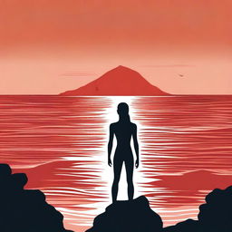 A silhouette of a young athletic person looking at the horizon, surrounded by a red sea