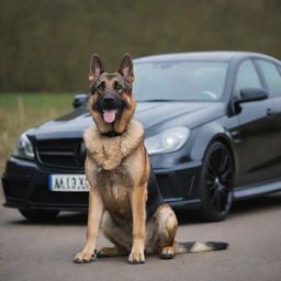 Amend the scene to show the German Shepherd with an even more ferocious and angry expression, whilst keeping the C63 AMG in the backdrop.