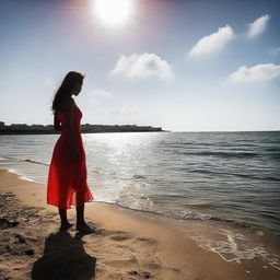 La sombra de un joven atlético mirando al horizonte, rodeado de un mar rojo