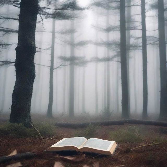 A captivating book cover featuring a dense pine forest shrouded in mist and fog