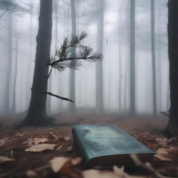 A captivating book cover featuring a dense pine forest shrouded in mist and fog