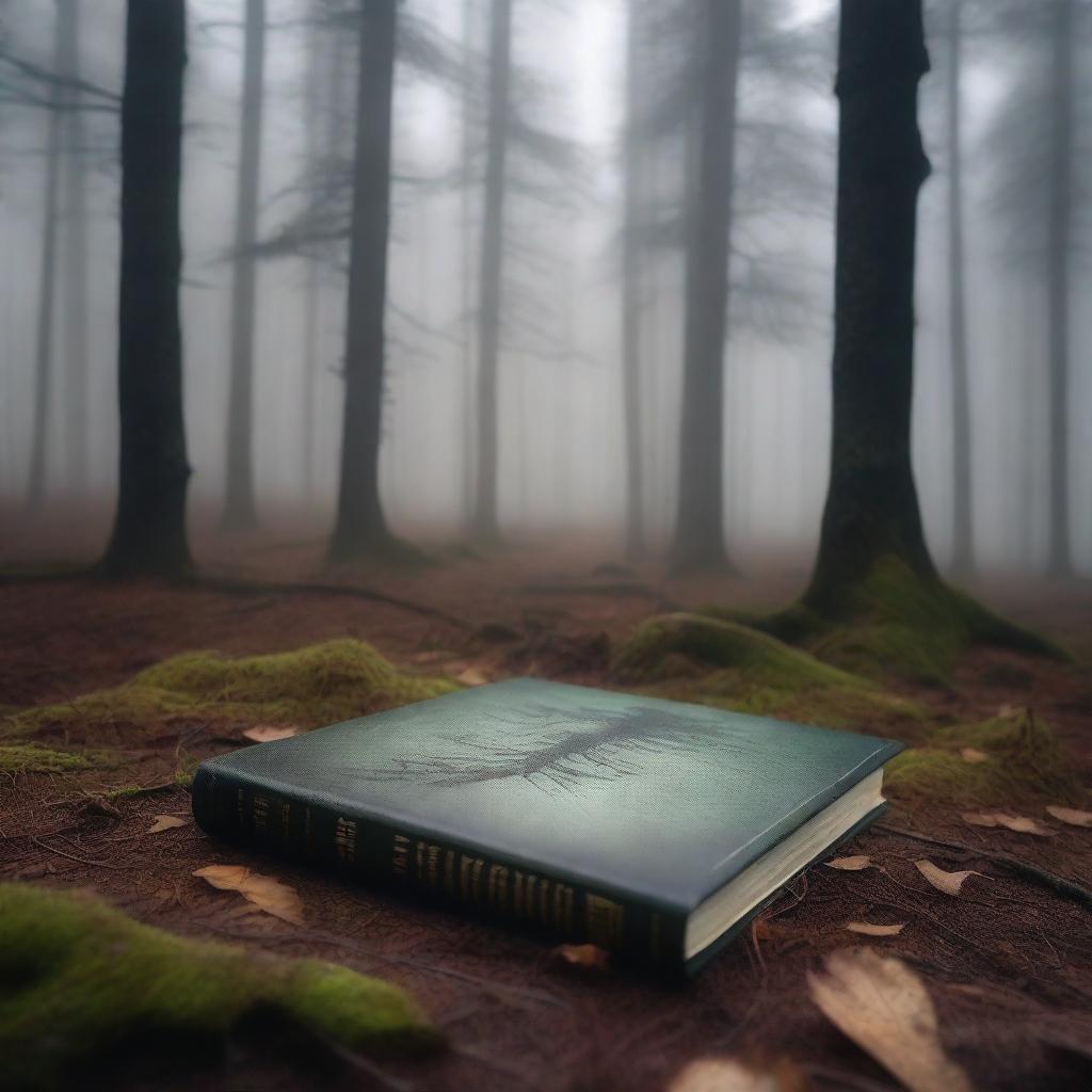 A book cover featuring a foggy pine forest with tall, shadowy trees