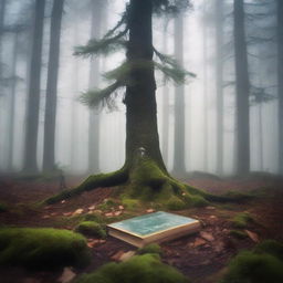 A book cover featuring a foggy pine forest with tall, shadowy trees