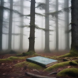 A book cover featuring a foggy pine forest with tall, shadowy trees