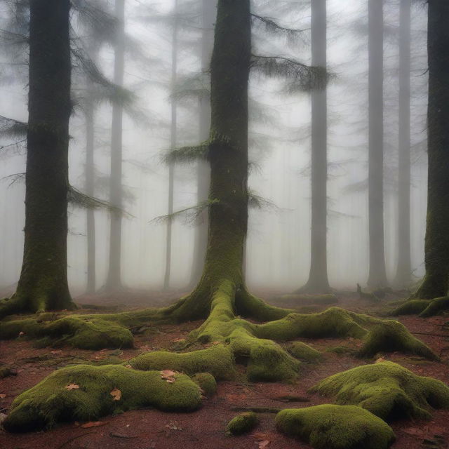 A book cover featuring a foggy pine forest with tall, shadowy trees