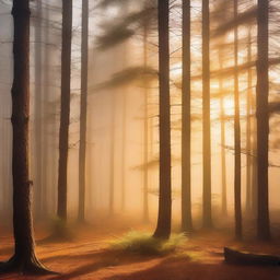 A bright pine forest with golden fog overhead