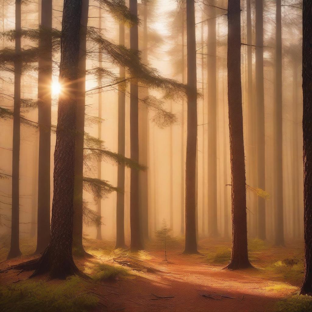 A bright pine forest with golden fog overhead