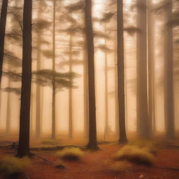 A bright pine forest with golden fog overhead