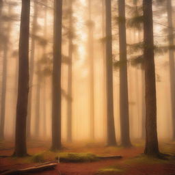 A bright pine forest with golden fog overhead