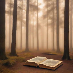 A captivating book cover featuring a bright pine forest with golden fog overhead