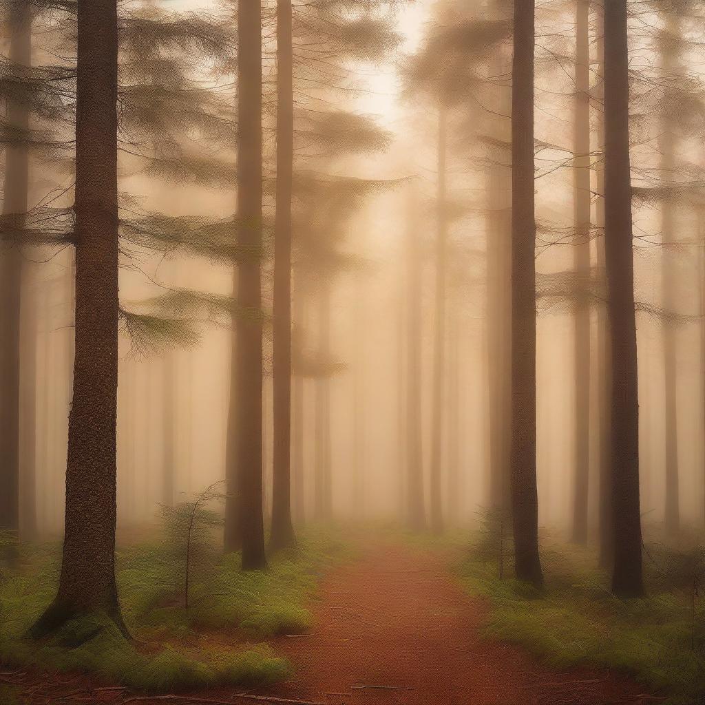 A captivating book cover featuring a bright pine forest with golden fog overhead