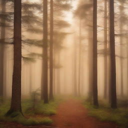 A captivating book cover featuring a bright pine forest with golden fog overhead