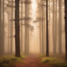 A captivating book cover featuring a bright pine forest with golden fog overhead