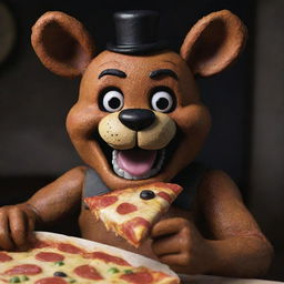 Freddy Fazbear from Five Nights at Freddy's joyfully eating a cheesy pizza slice