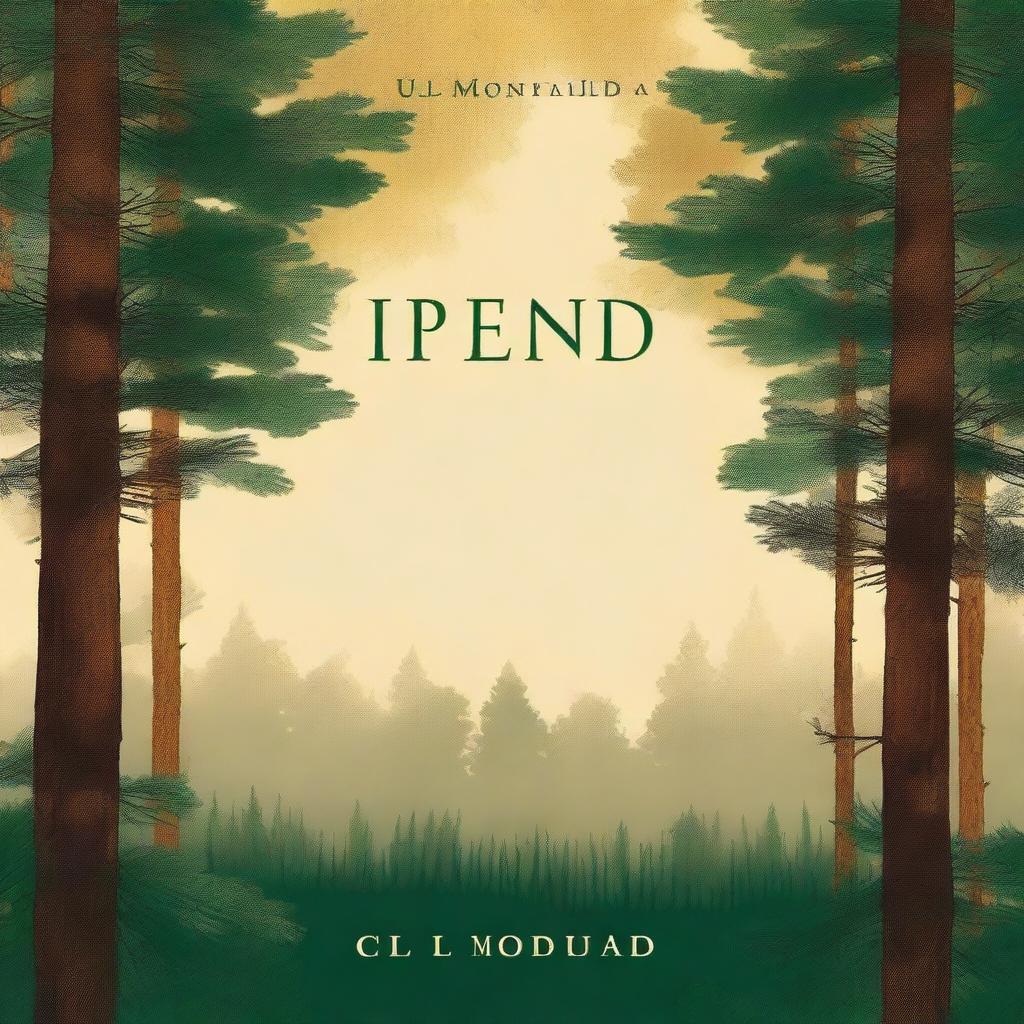 A bright pine forest with golden fog overhead, designed as a book cover