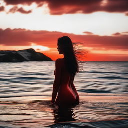 La sombra de un joven atlético mirando al horizonte, rodeado de un mar rojo y una isla a lo lejos