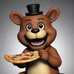 Freddy Fazbear from Five Nights at Freddy's joyfully eating a cheesy pizza slice