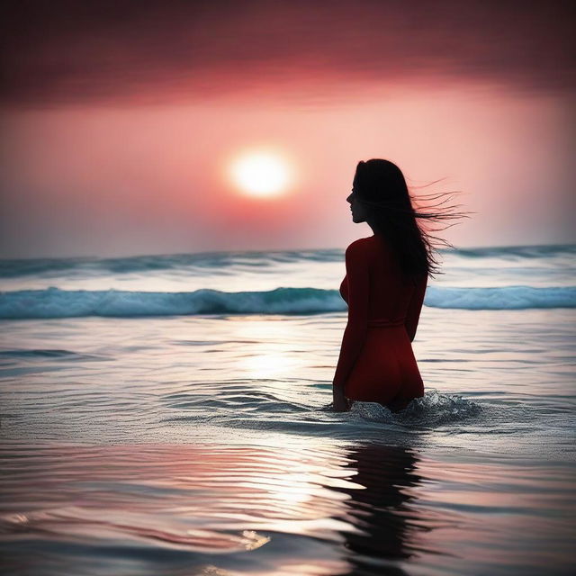 La sombra de un joven atlético mirando al horizonte, rodeado de un mar rojo y una isla a lo lejos