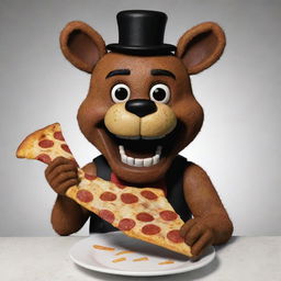 Freddy Fazbear from Five Nights at Freddy's joyfully eating a cheesy pizza slice