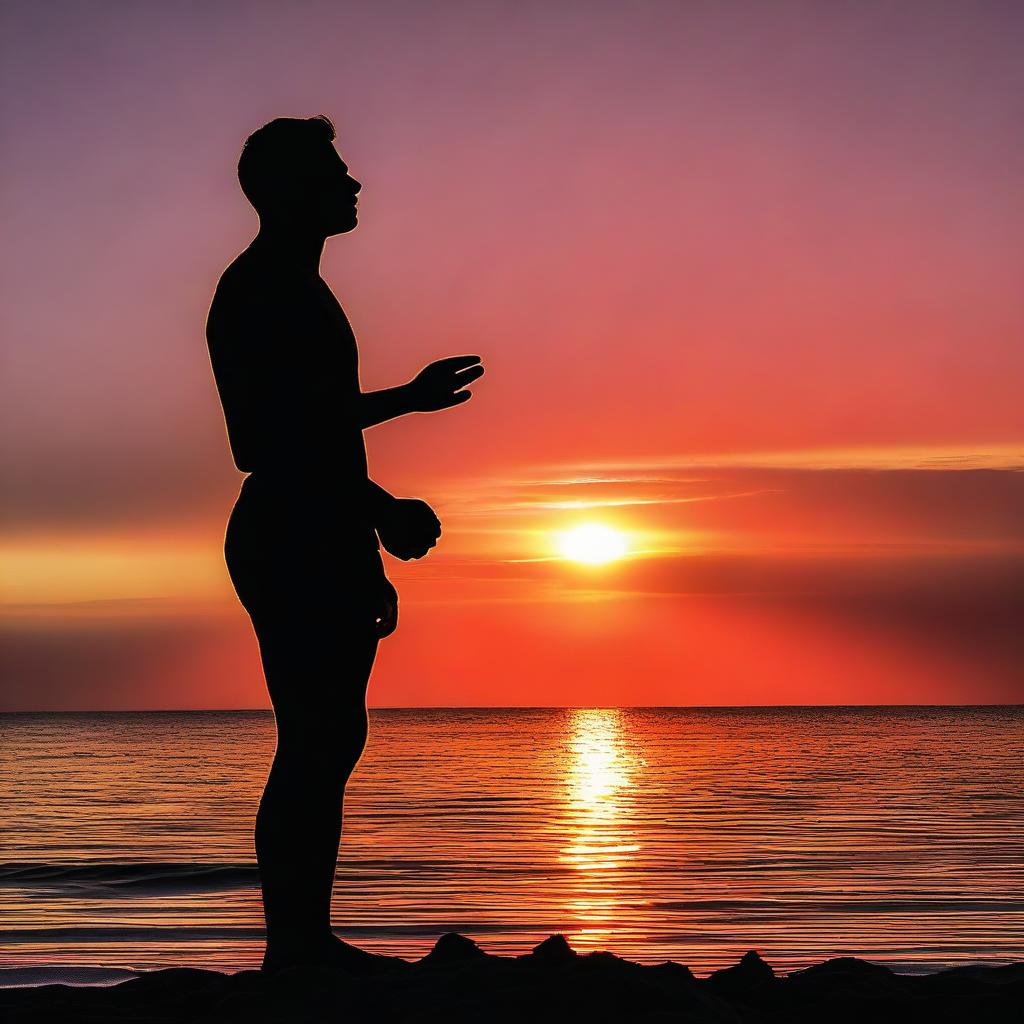 La sombra de un joven hombre atlético mirando al horizonte, rodeado de un mar rojo