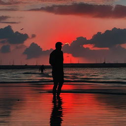 La sombra de un joven hombre atlético mirando al horizonte, rodeado de un mar rojo