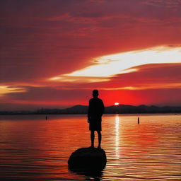 La sombra de un joven hombre atlético mirando al horizonte, rodeado de un mar rojo