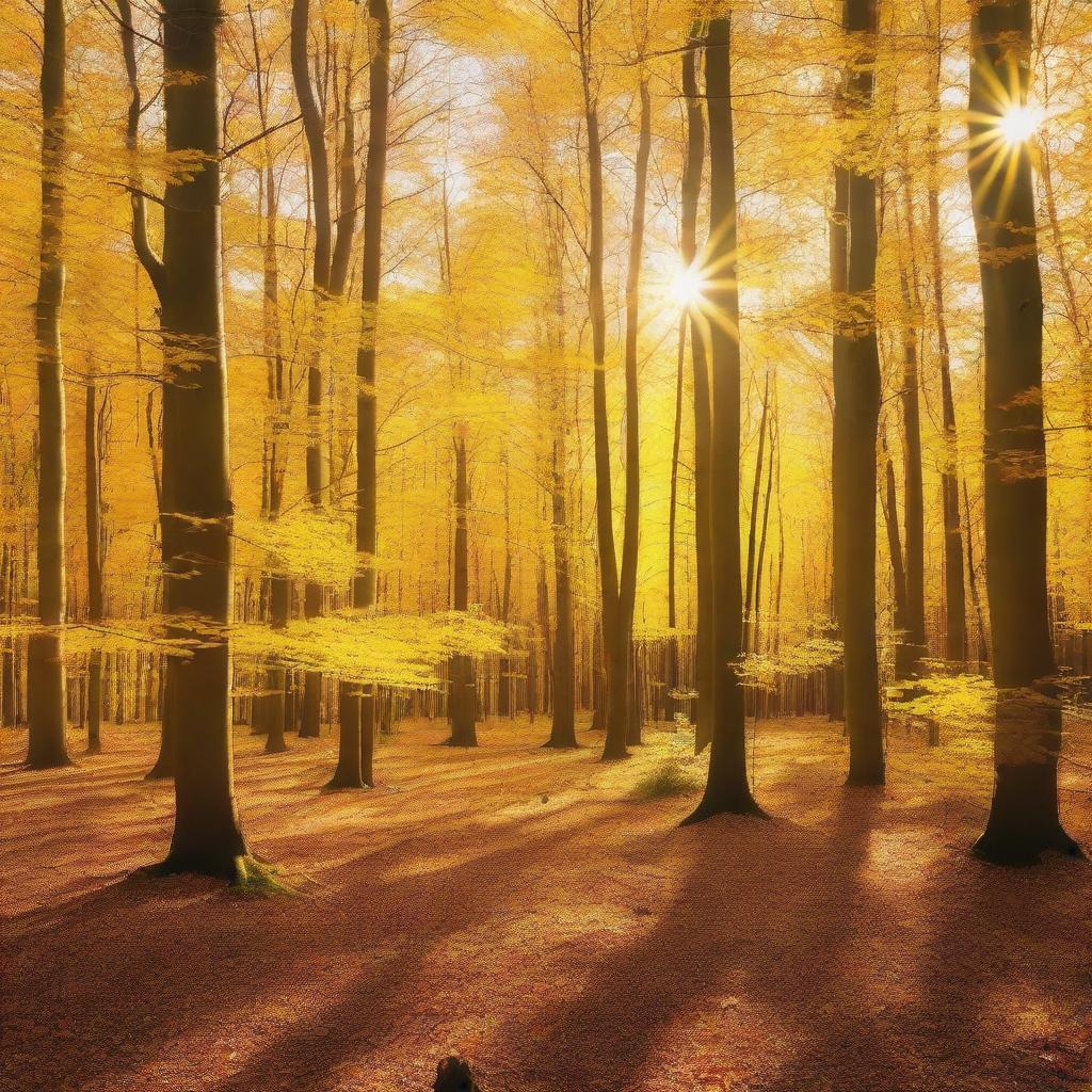 A serene golden forest bathed in sunlight, with tall trees whose leaves shimmer in gold