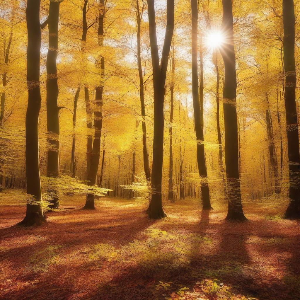 A serene golden forest bathed in sunlight, with tall trees whose leaves shimmer in gold