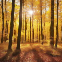 A serene golden forest bathed in sunlight, with tall trees whose leaves shimmer in gold