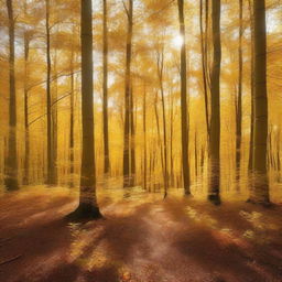 A serene golden forest bathed in sunlight, with tall trees whose leaves shimmer in gold