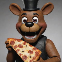 Freddy Fazbear from Five Nights at Freddy's joyfully eating a cheesy pizza slice