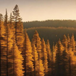 A serene golden pine forest bathed in the warm light of the setting sun