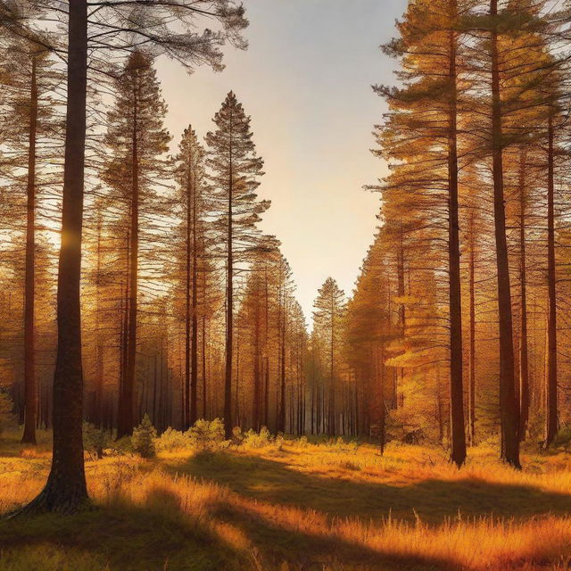 A serene golden pine forest bathed in the warm light of the setting sun