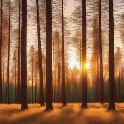 A serene golden pine forest bathed in the warm light of the setting sun