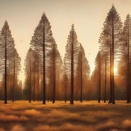 A serene golden pine forest bathed in the warm light of the setting sun