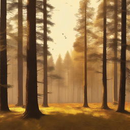 A golden pine forest bathed in warm sunlight