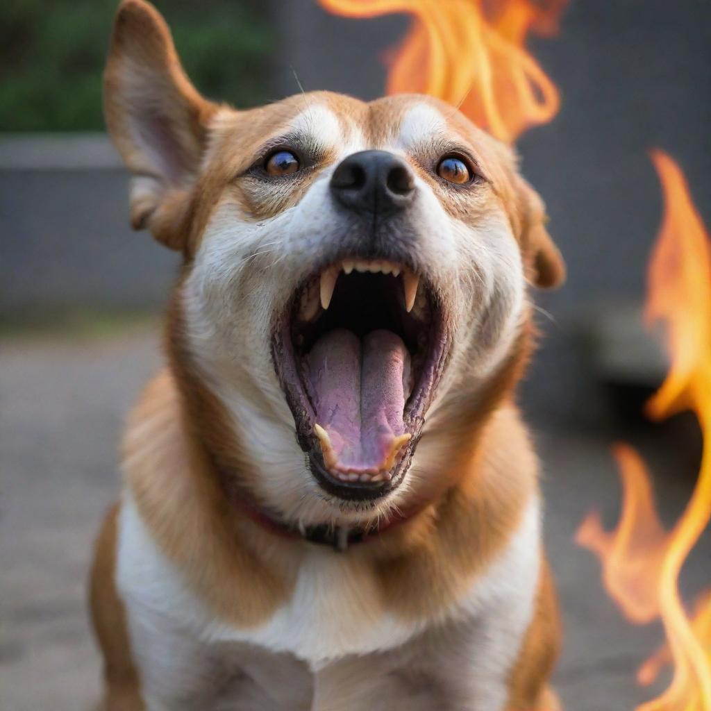 A ferocious dog barking loudly, with its eyes aflame with madness.