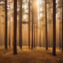 A golden pine forest bathed in warm sunlight