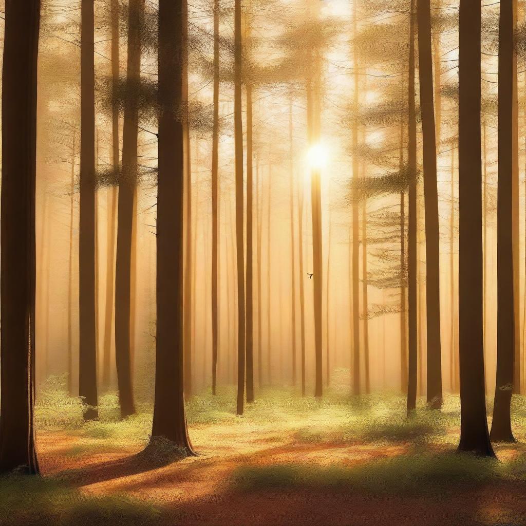 A serene golden pine forest with tall trees bathed in golden sunlight