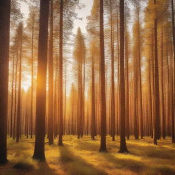 A serene golden pine forest with tall trees bathed in golden sunlight