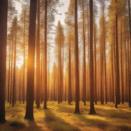 A serene golden pine forest with tall trees bathed in golden sunlight